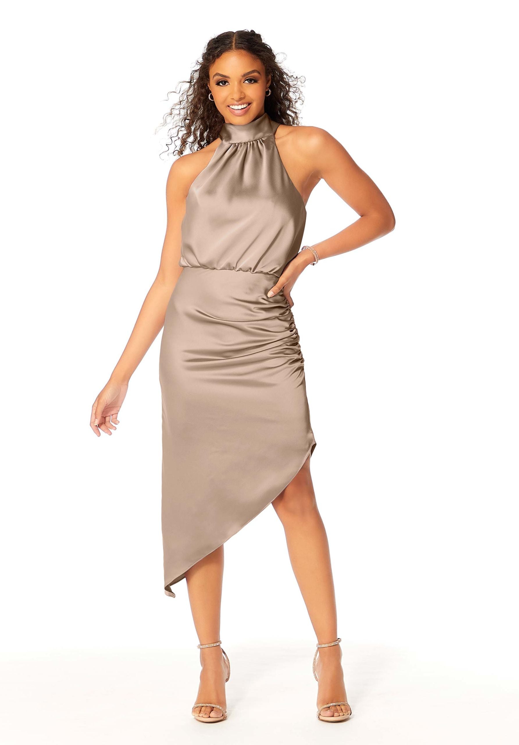 Cocktail Dresses Short High Low Mini Cocktail Dress Latte-Satin-21801-Fitted