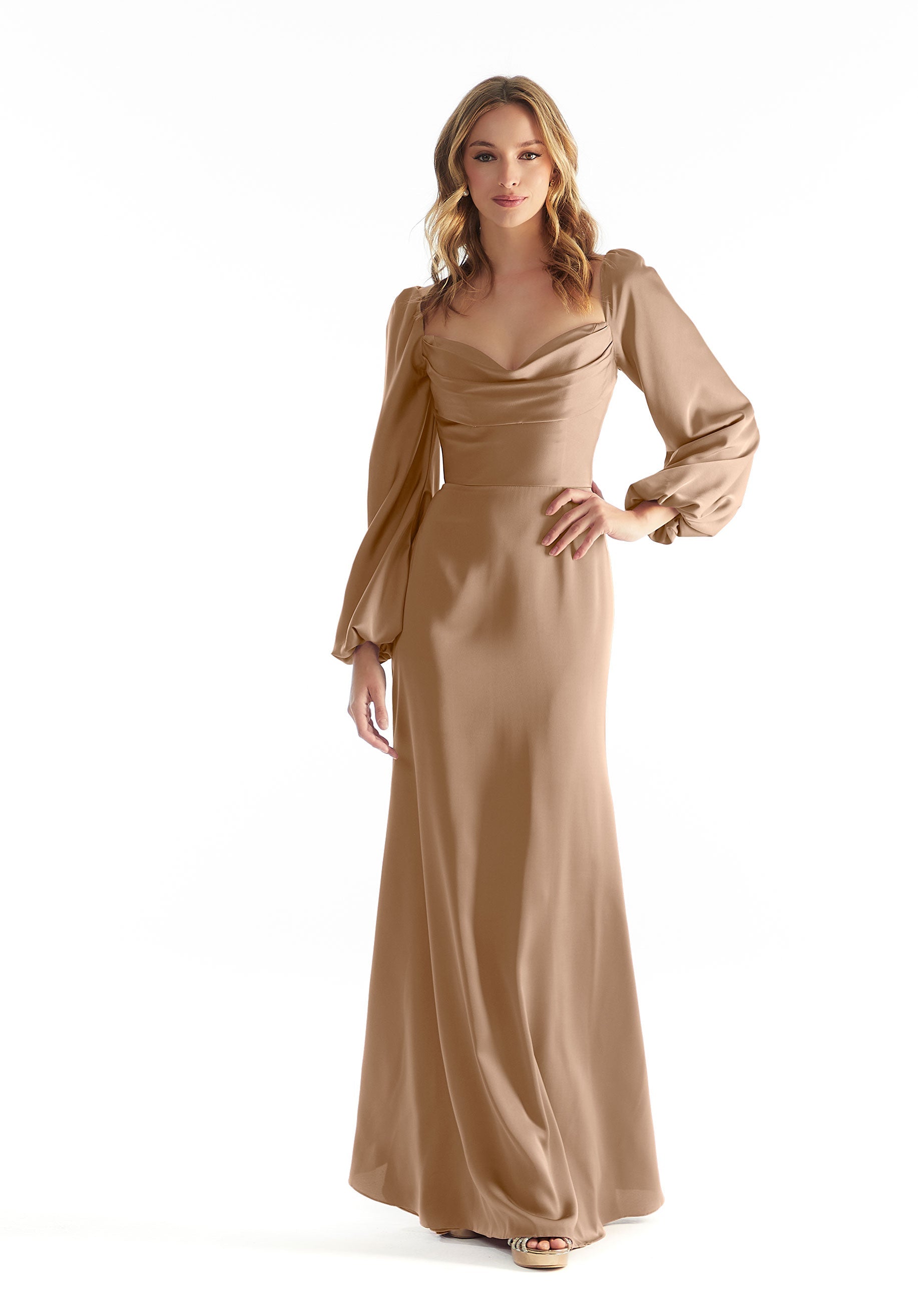 Formal Dresses Lace Long Sleeve Formal Dress Latte-Satin-31221-Cowl