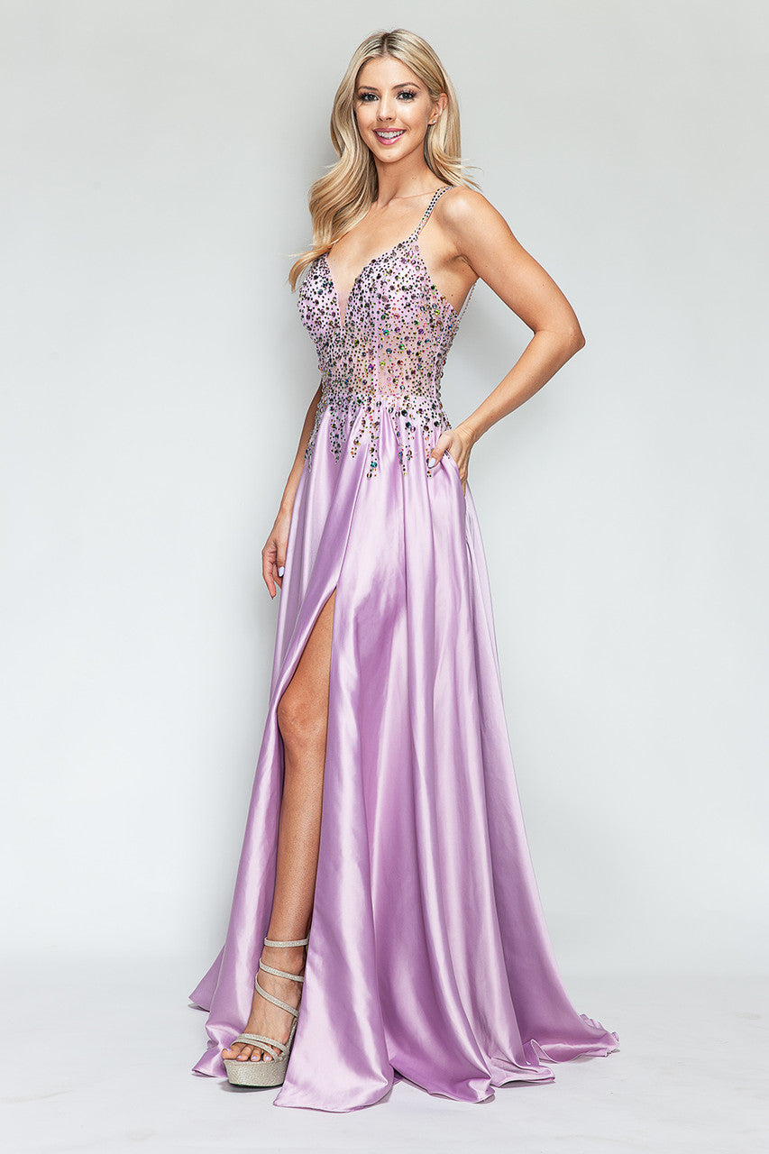 Prom Dresses Slit Prom Long Formal Dress Lenovia 8331 Lilac-Satin-8331-Beaded