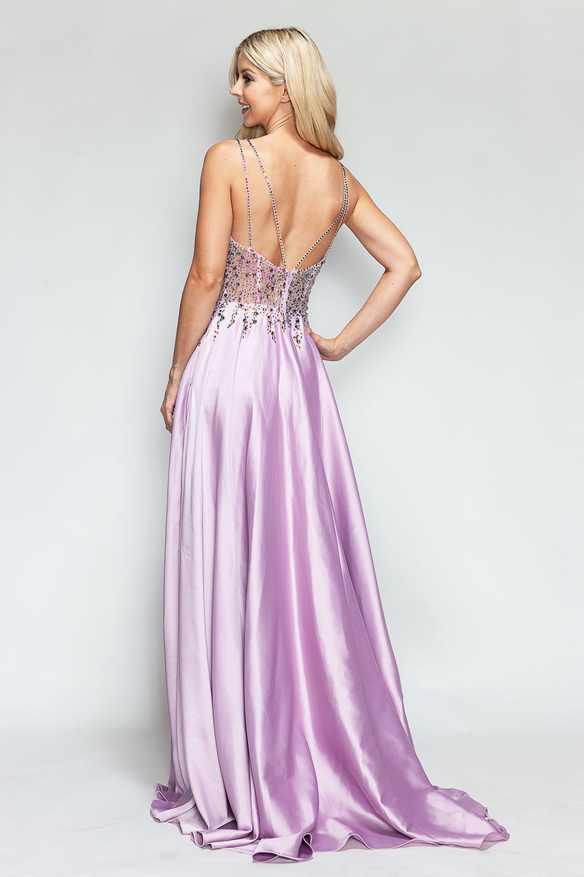 Prom Dresses Slit Prom Long Formal Dress Lenovia 8331 Lilac-Satin-8331-Beaded
