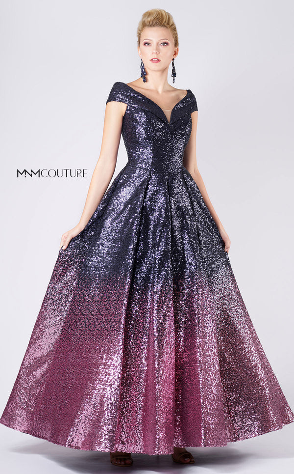 MNM Couture M0009 Pleated A Line Long Formal Ombre Sequin Prom Dress