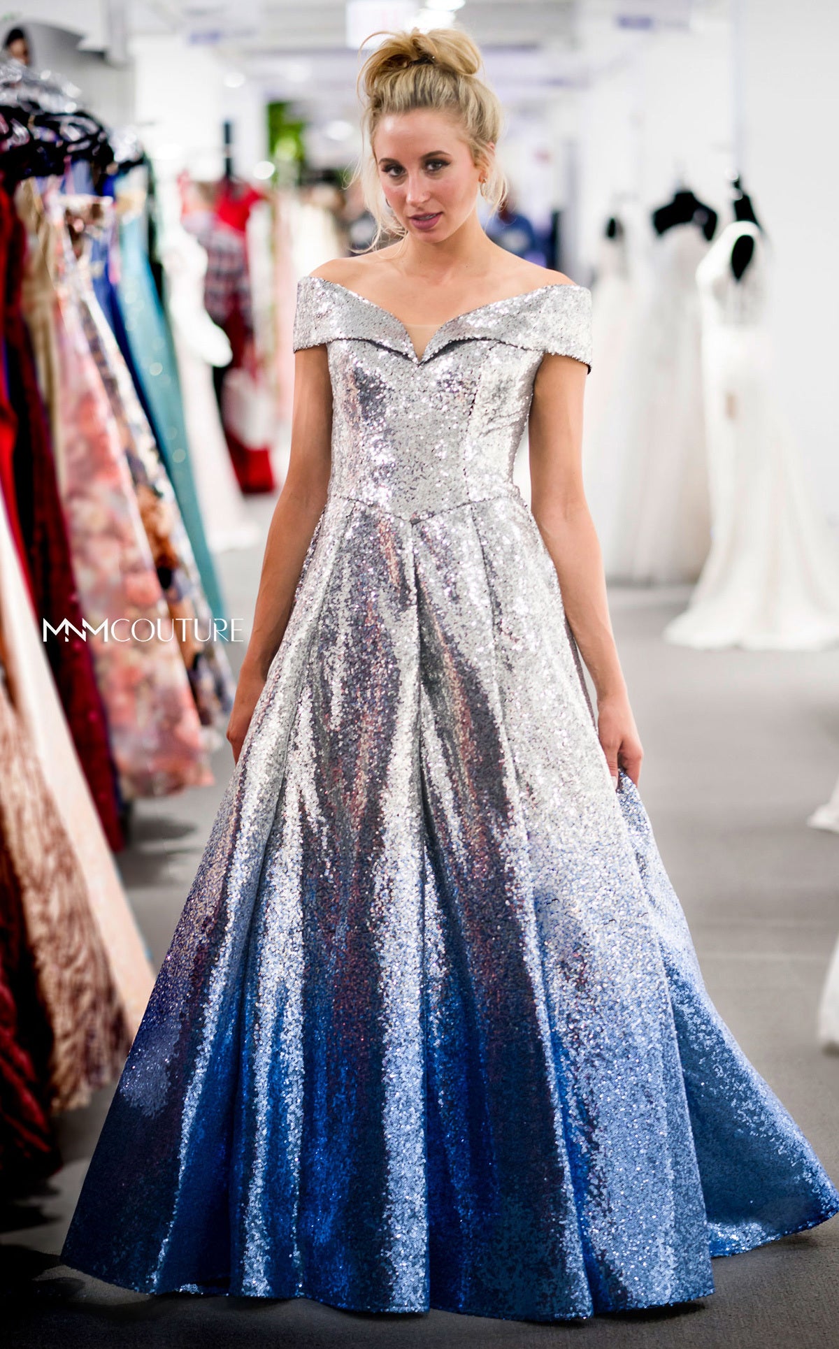 MNM Couture M0009 Pleated A Line Long Formal Ombre Sequin Prom Dress