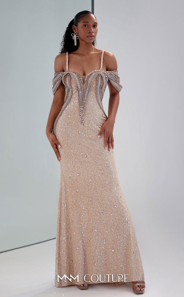 Off-Shoulder Gown Beaded Sequin Prom Dress by MNM Couture M0023