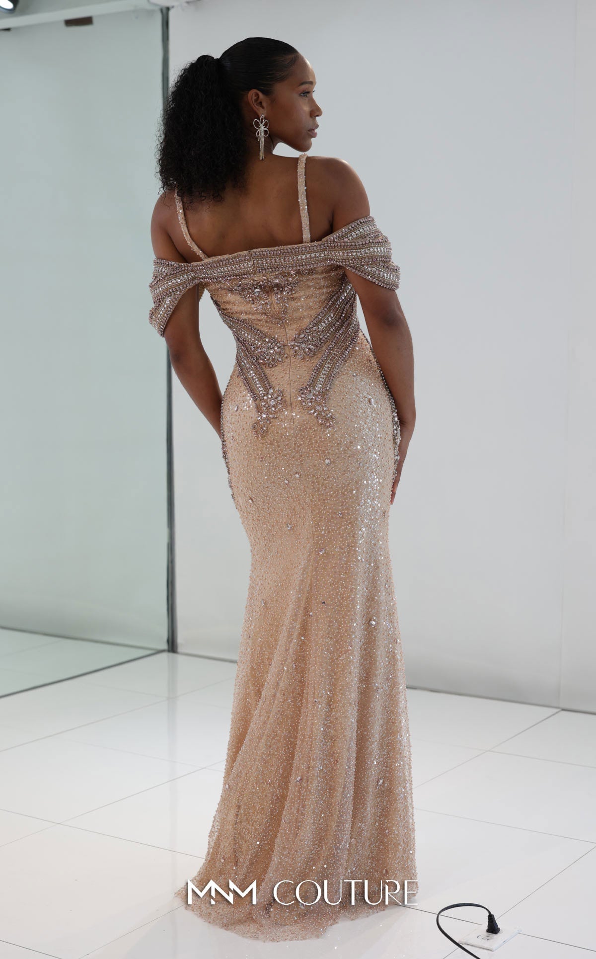 Off-Shoulder Gown Beaded Sequin Prom Dress by MNM Couture M0023 in Champagne