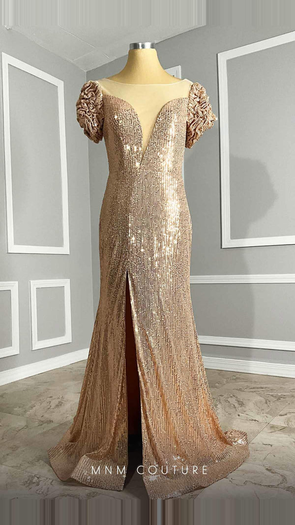 MNM Couture Sequin Illusion V-Neck Mermaid Gown with Ruffle Sleeves M0075