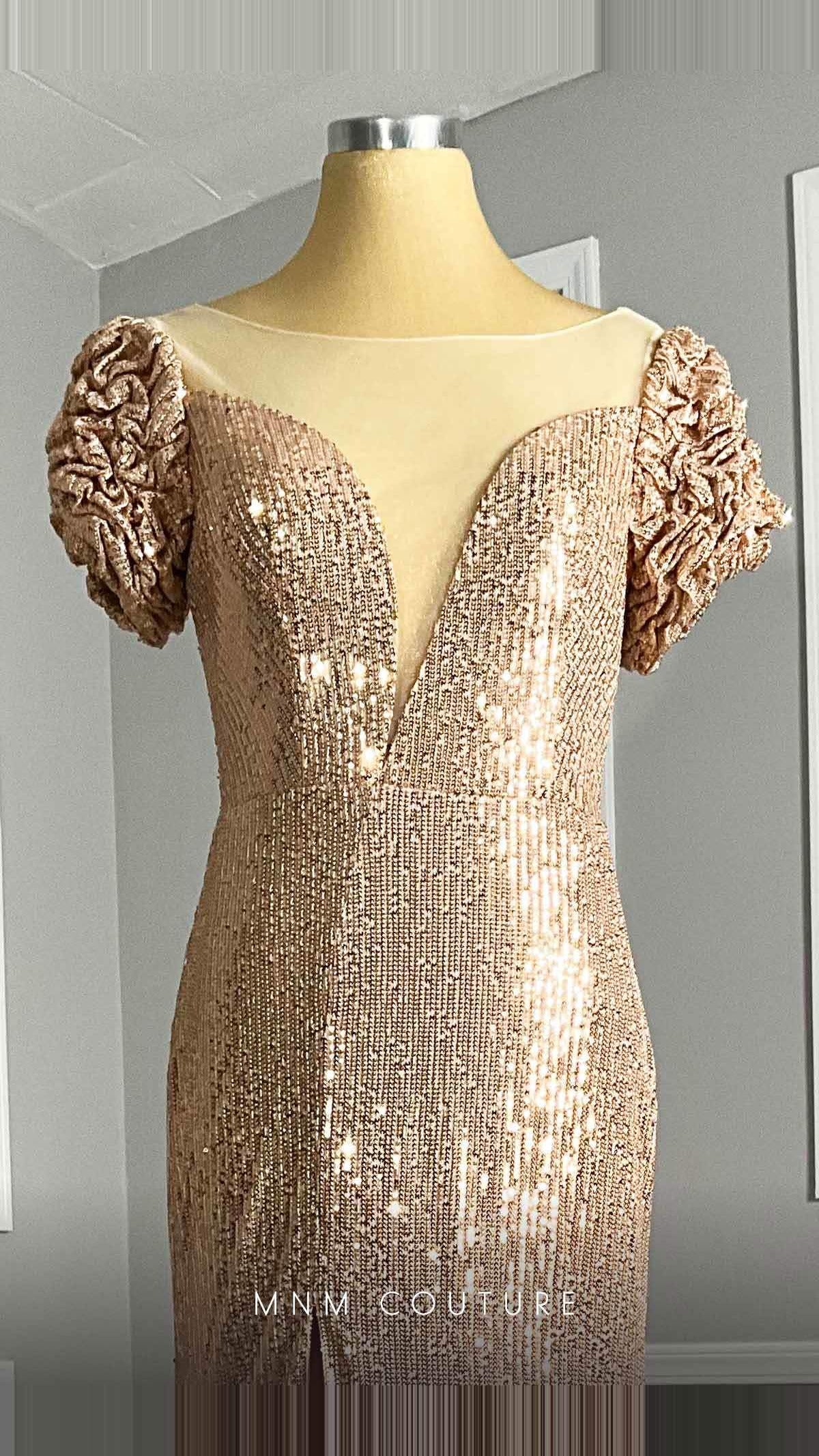 MNM Couture Sequin Illusion V-Neck Mermaid Gown with Ruffle Sleeves M0075