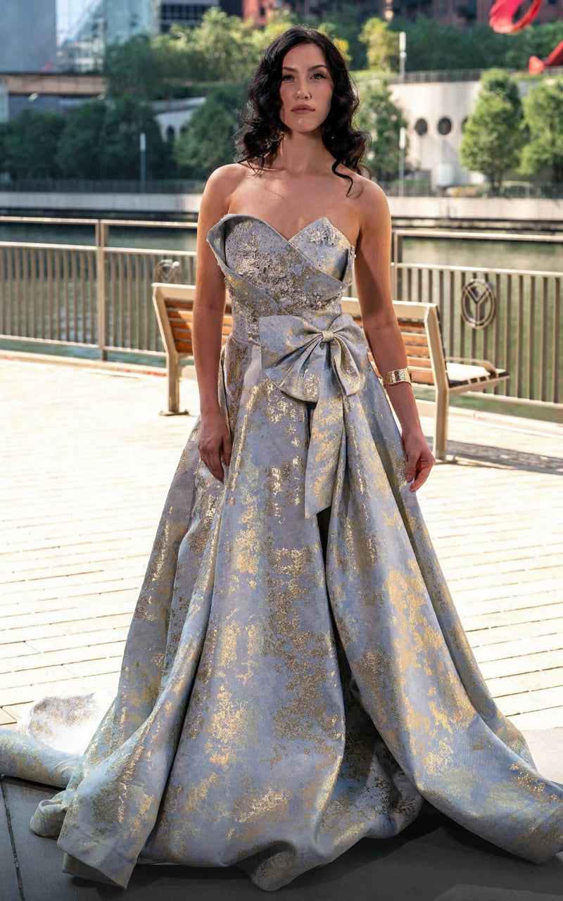 MNM Couture M0082 Long Ball Gown Formal Beaded Slit Bow Evening Dress