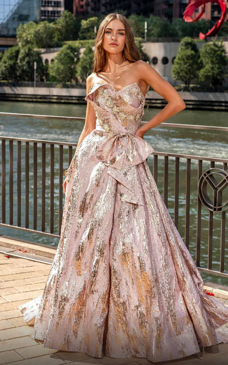MNM Couture M0082 Long Ball Gown Formal Beaded Slit Bow Evening Dress - Blush / 8 MNM Couture M0082 Long Ball Gown Formal Beaded Slit Bow Evening Dress - Blush / 8