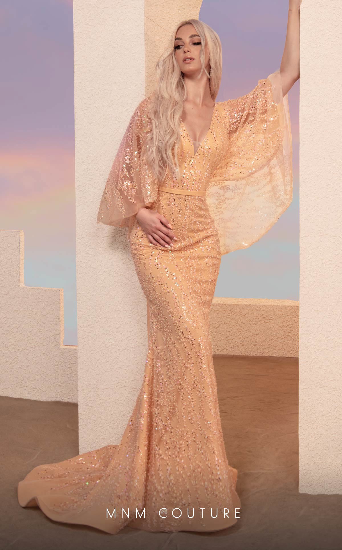 MNM Couture M0106 Long Formal Beaded Sequin Evening Cape Dress