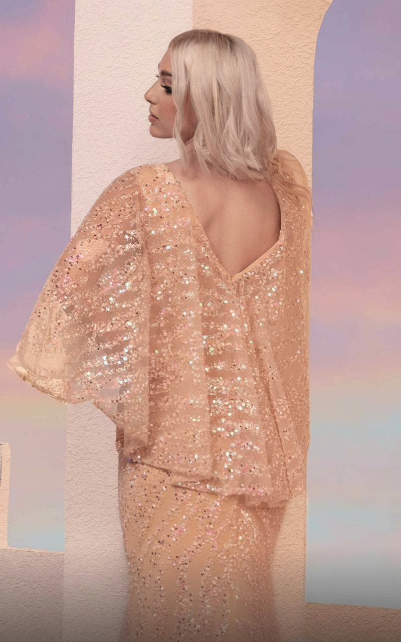 Formal Dresses Long Formal Beaded Sequin Evening Cape Dress Salmon