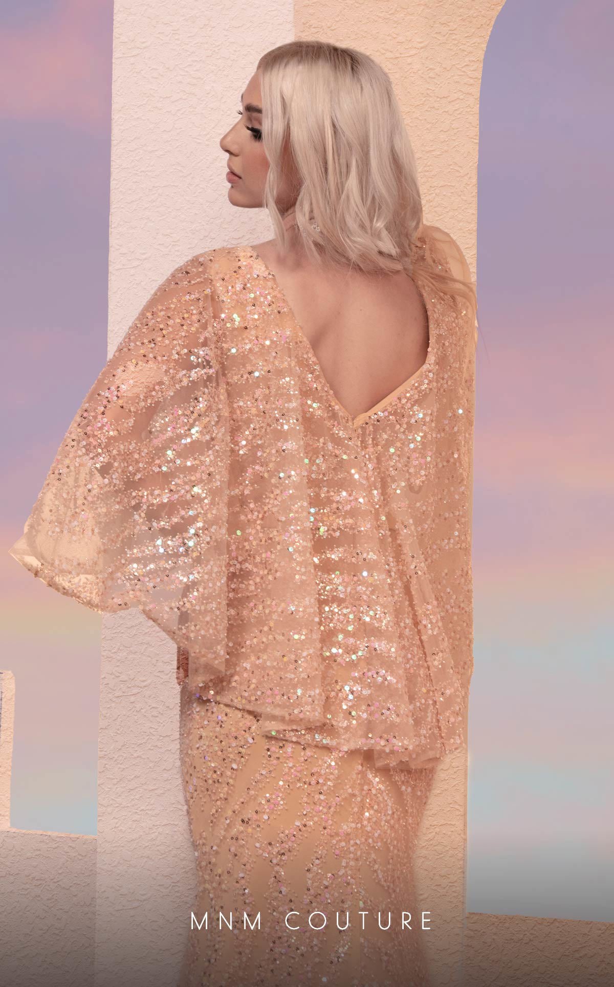 MNM Couture M0106 Long Formal Beaded Sequin Evening Cape Dress