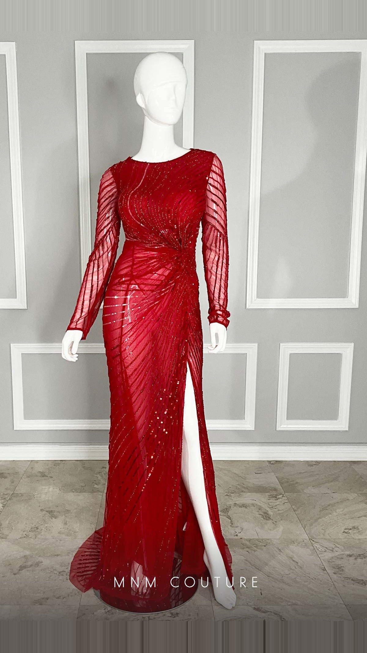 MNM Couture Sequin Embroidered Long-Sleeve Gown with Slit M1005