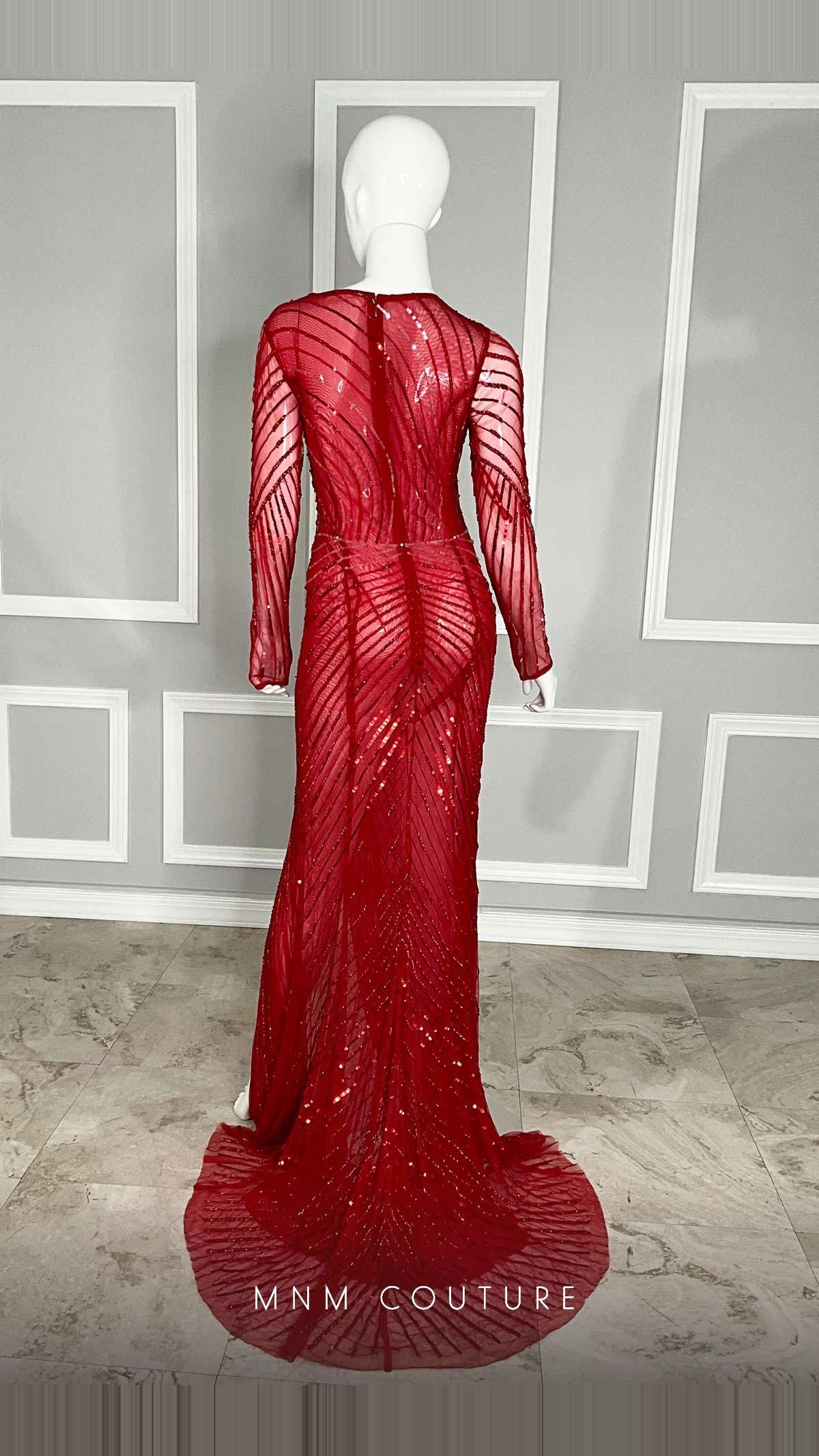 MNM Couture Sequin Embroidered Long-Sleeve Gown with Slit M1005