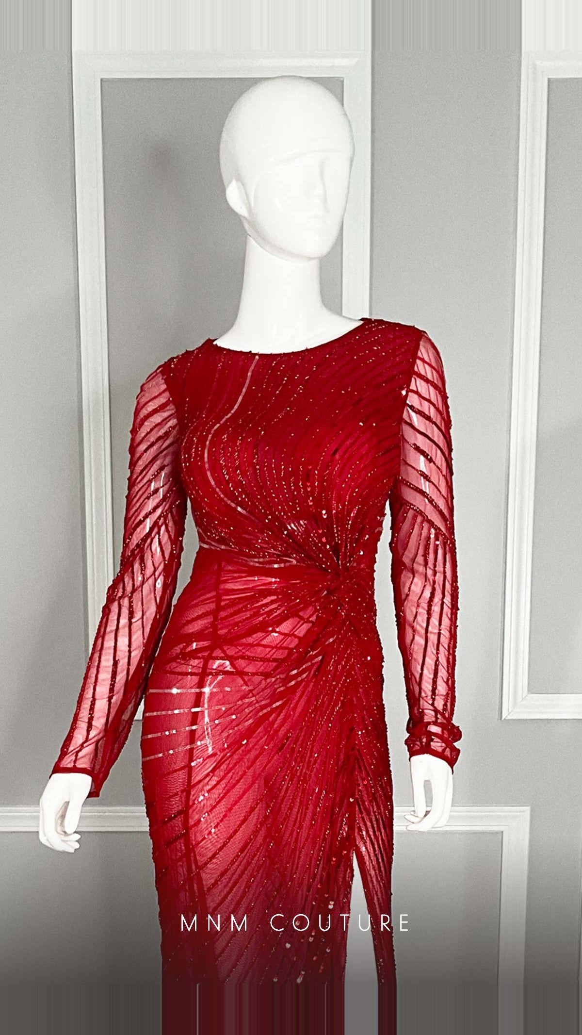 MNM Couture Sequin Embroidered Long-Sleeve Gown with Slit M1005