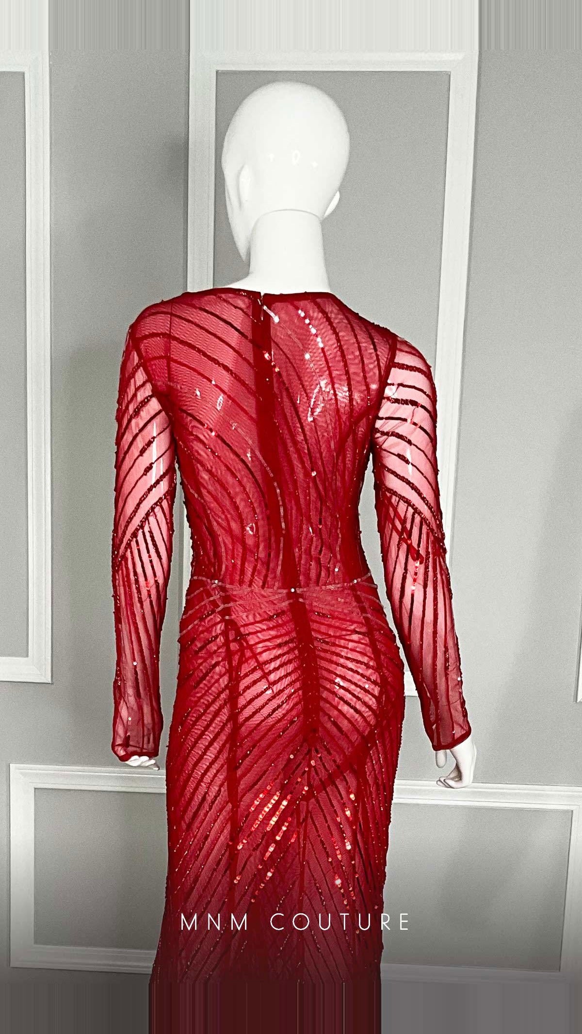 MNM Couture Sequin Embroidered Long-Sleeve Gown with Slit M1005