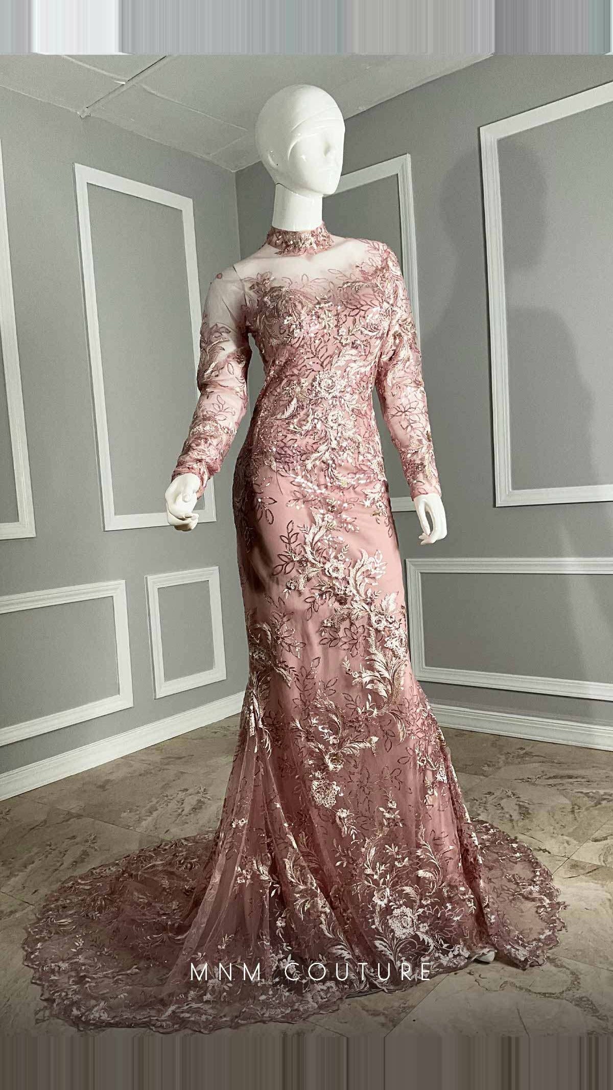 MNM Couture Embroidered Illusion High-Neck Long-Sleeve Mermaid Gown M1096