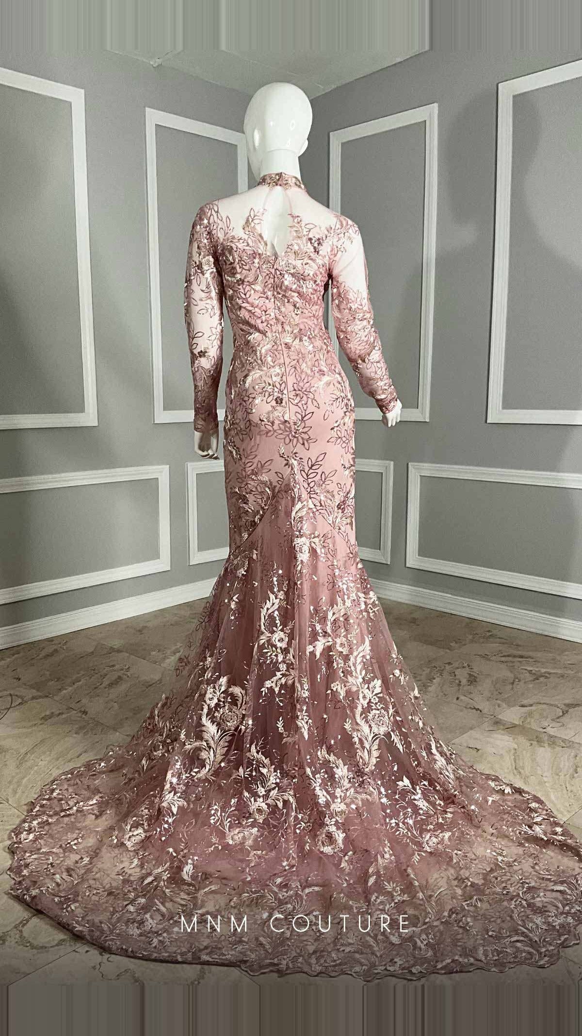 MNM Couture Embroidered Illusion High-Neck Long-Sleeve Mermaid Gown M1096