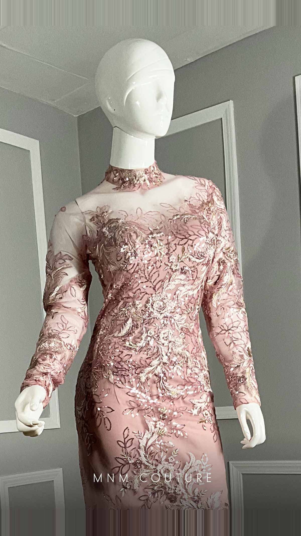 MNM Couture Embroidered Illusion High-Neck Long-Sleeve Mermaid Gown M1096
