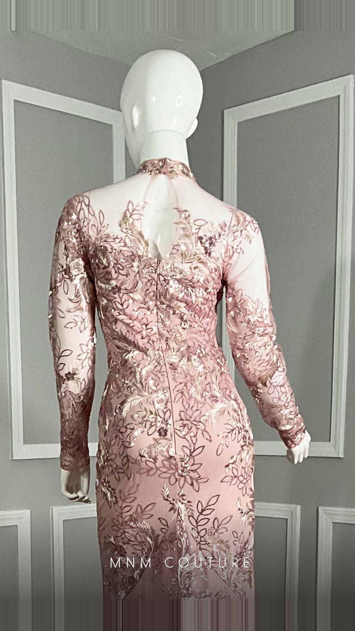 MNM Couture Embroidered Illusion High-Neck Long-Sleeve Mermaid Gown M1096