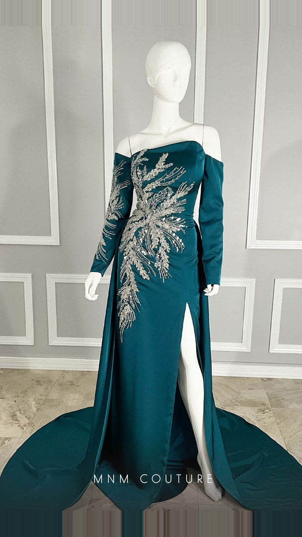 MNM Couture Beaded Off-Shoulder Long-Sleeve Satin Gown M1104
