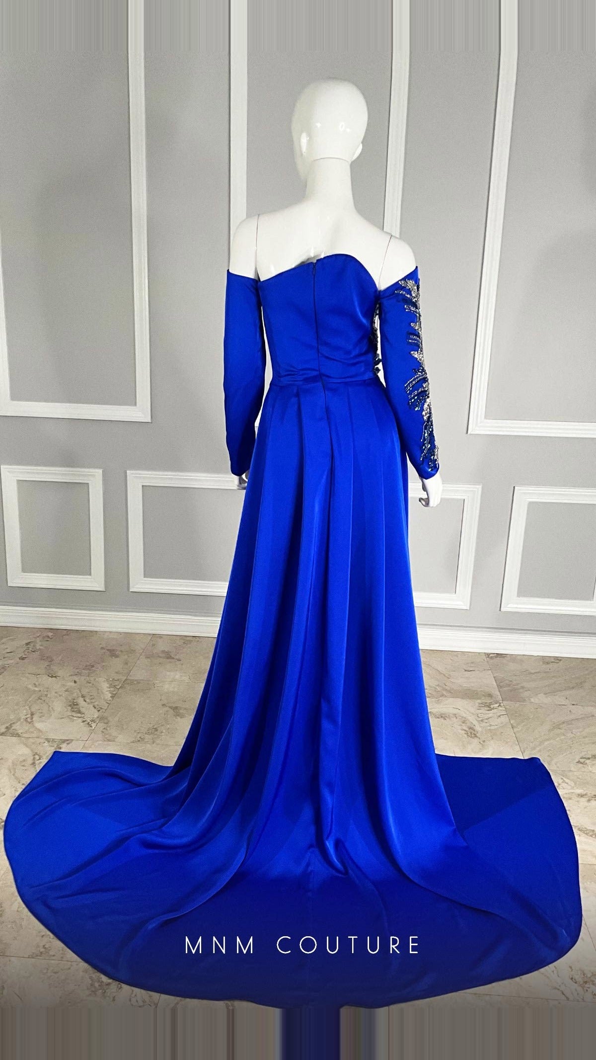MNM Couture Beaded Off-Shoulder Long-Sleeve Satin Gown M1104