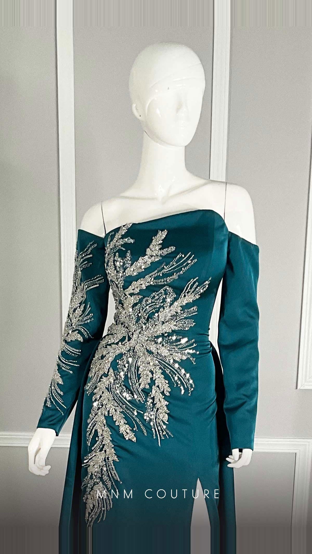 MNM Couture Beaded Off-Shoulder Long-Sleeve Satin Gown M1104