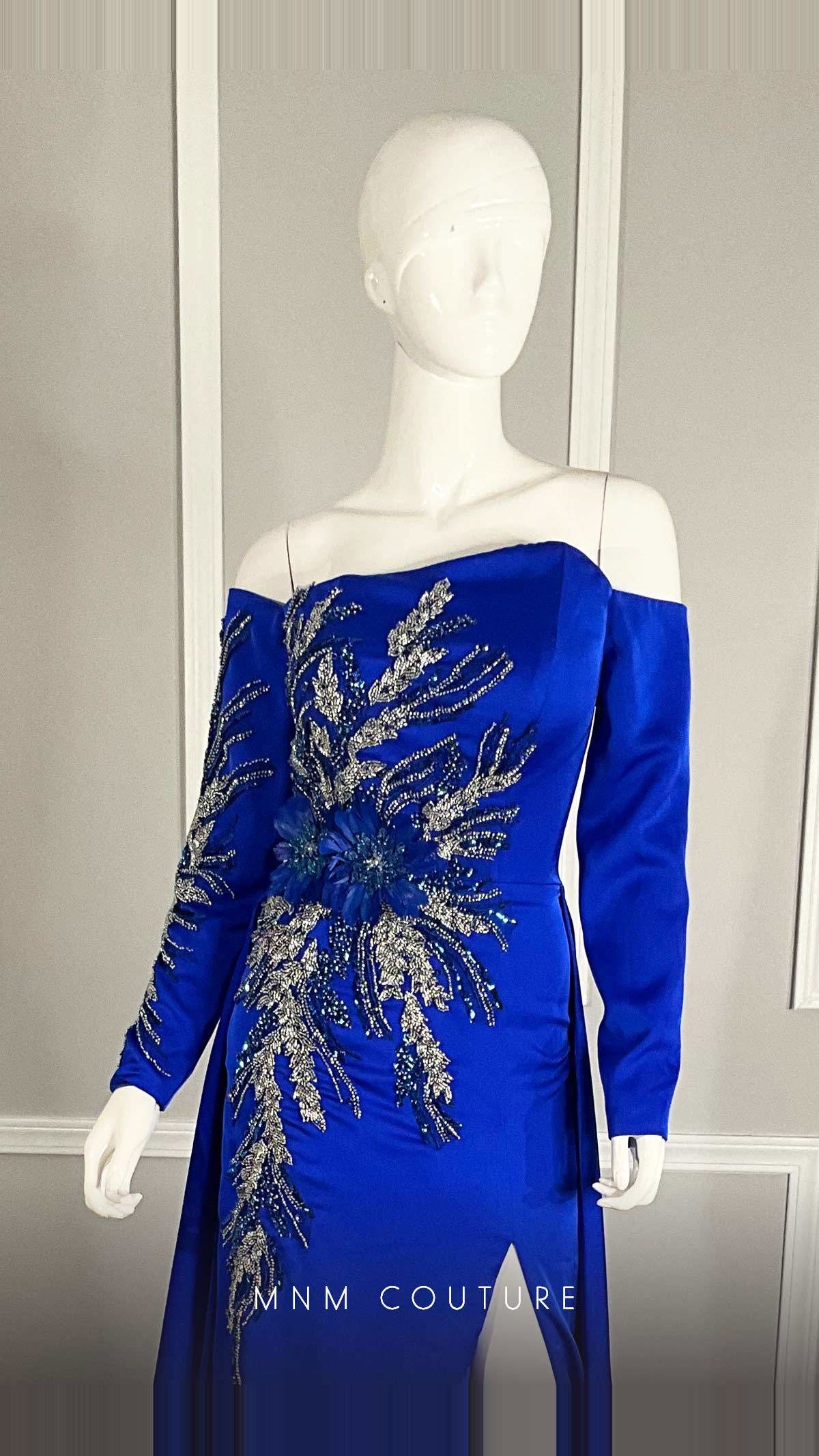 MNM Couture Beaded Off-Shoulder Long-Sleeve Satin Gown M1104