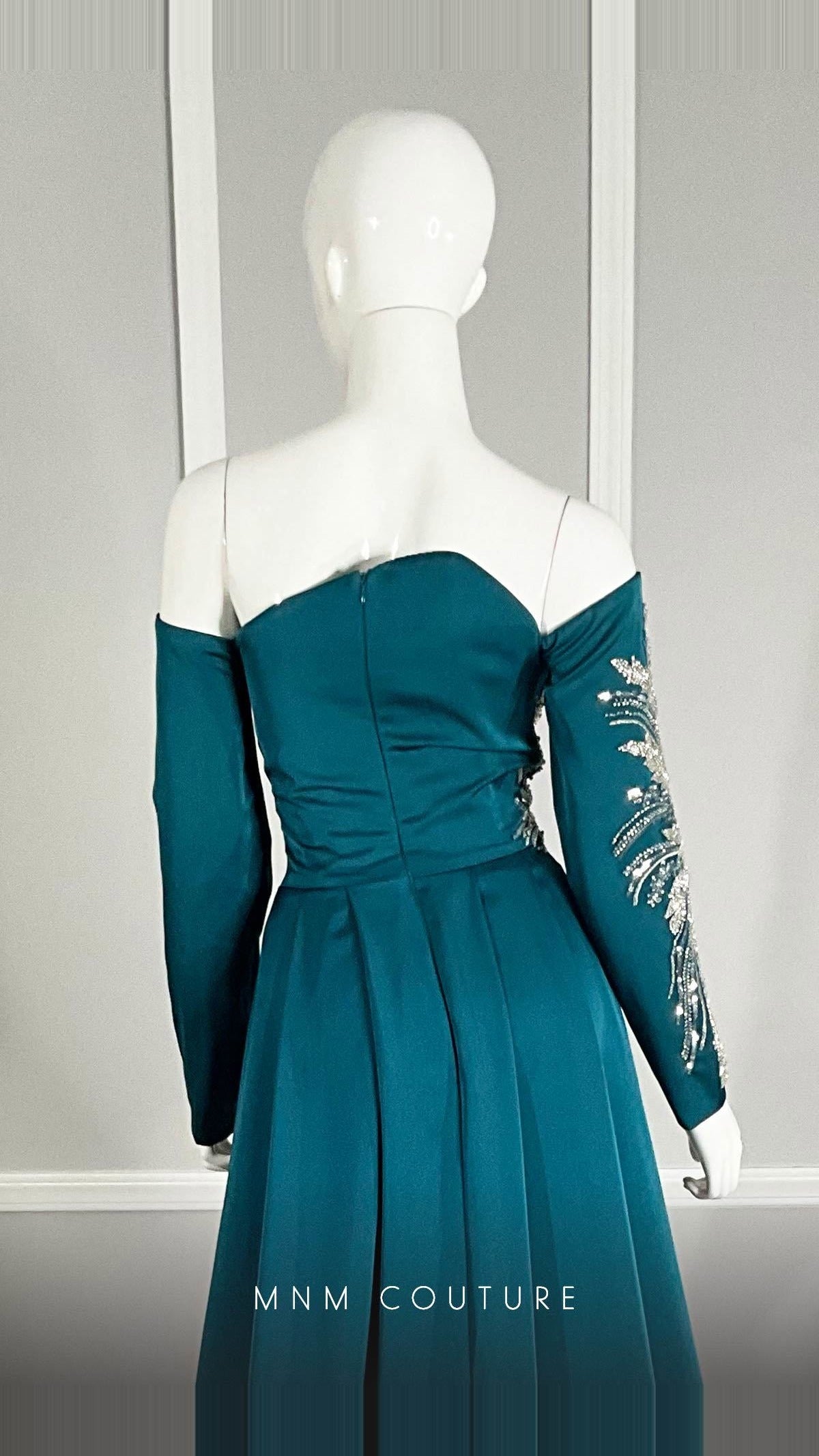 MNM Couture Beaded Off-Shoulder Long-Sleeve Satin Gown M1104