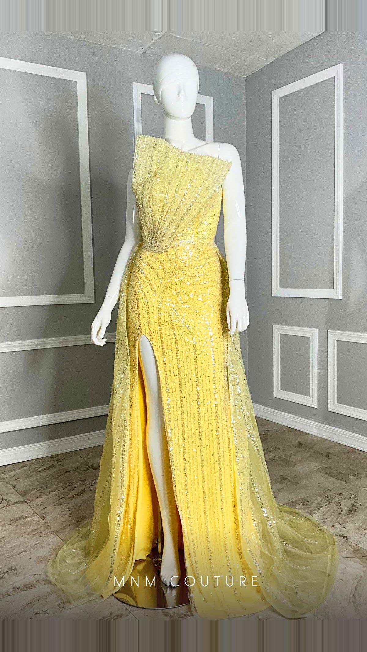 MNM Couture Beaded Embroidered Tulle Straight-Neck Gown with Slit M1106