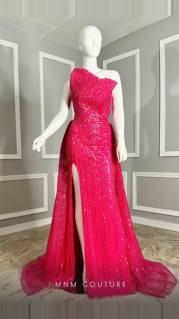 MNM Couture Beaded Embroidered Tulle Straight-Neck Gown with Slit M1106