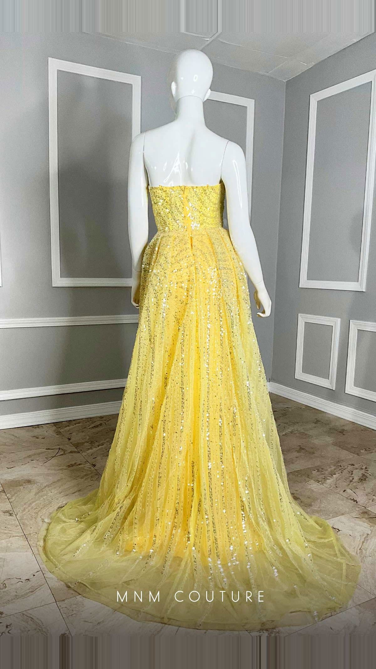 MNM Couture Beaded Embroidered Tulle Straight-Neck Gown with Slit M1106