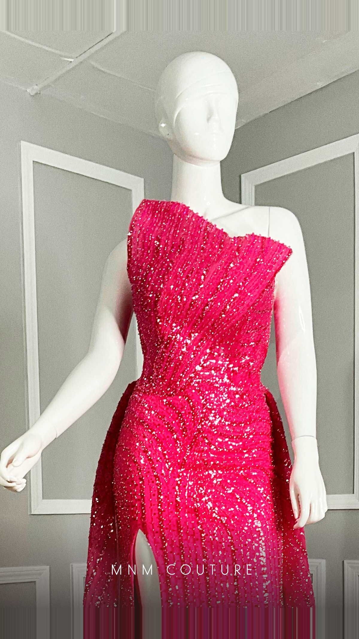 MNM Couture Beaded Embroidered Tulle Straight-Neck Gown with Slit M1106