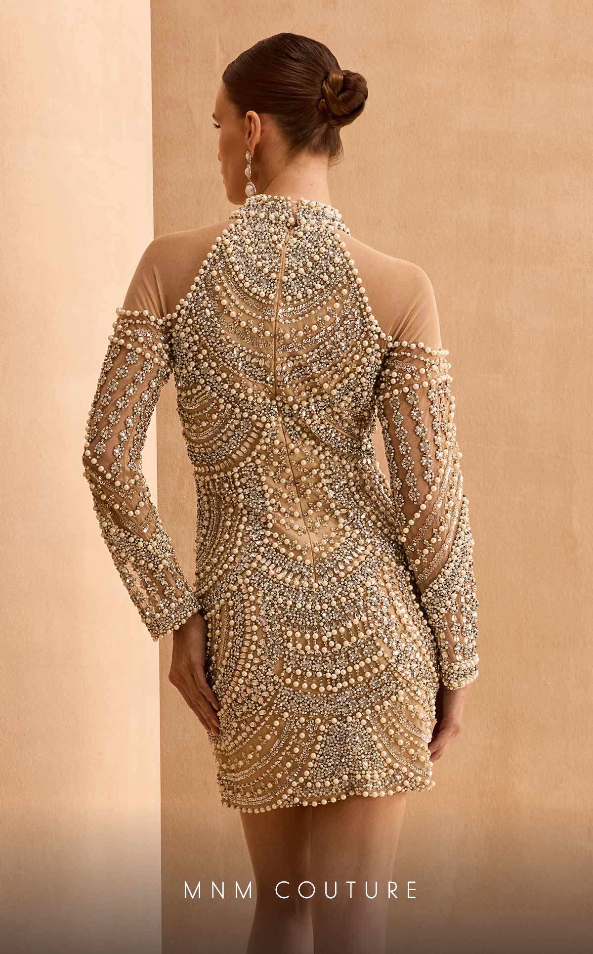MNM Couture M1143S Long Sleeve Beaded Short Cocktail Dress