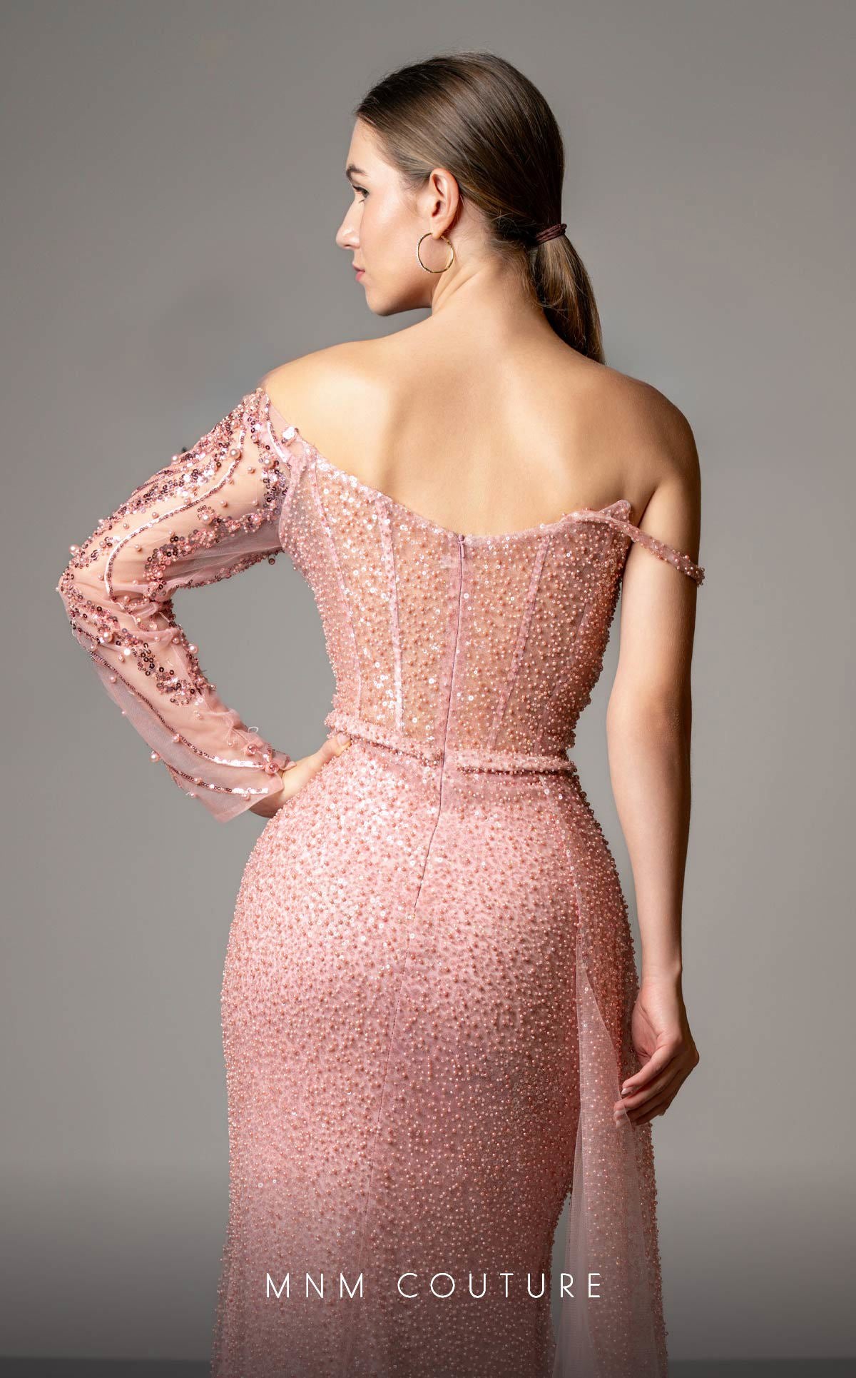 MNM Couture M1165 Pleated Long Formal Beaded Sequin Corset Prom Dress