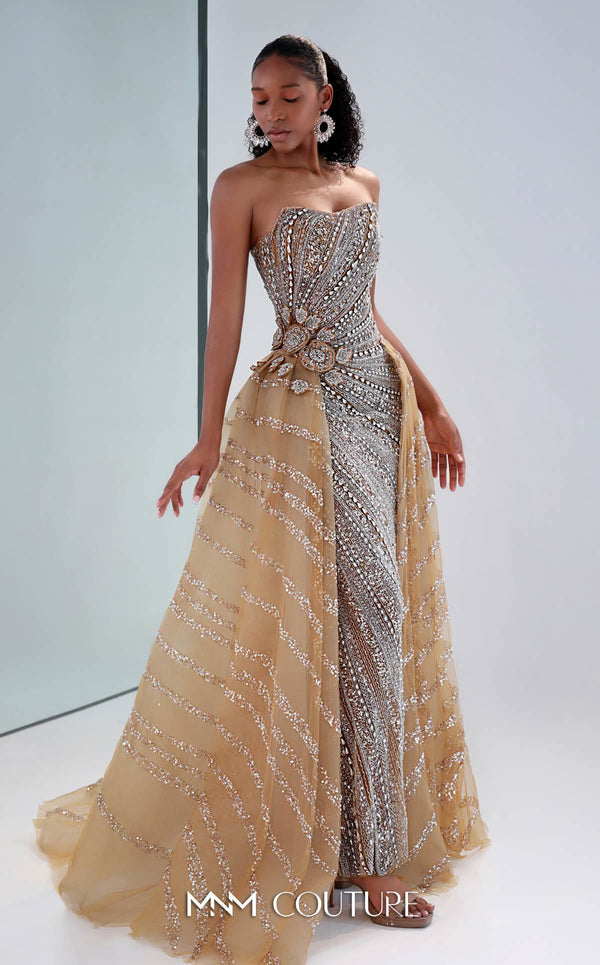 Long Formal Beaded Sequin Fitted Floral Prom Dress MNM Couture M1186