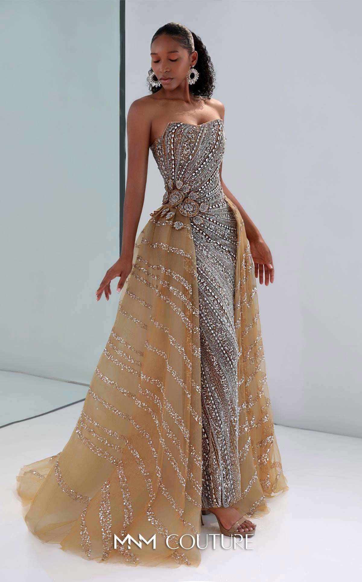 Prom Dresses Long Formal Beaded Sequin Fitted Floral Prom Dress MNM Couture M1186 Beige