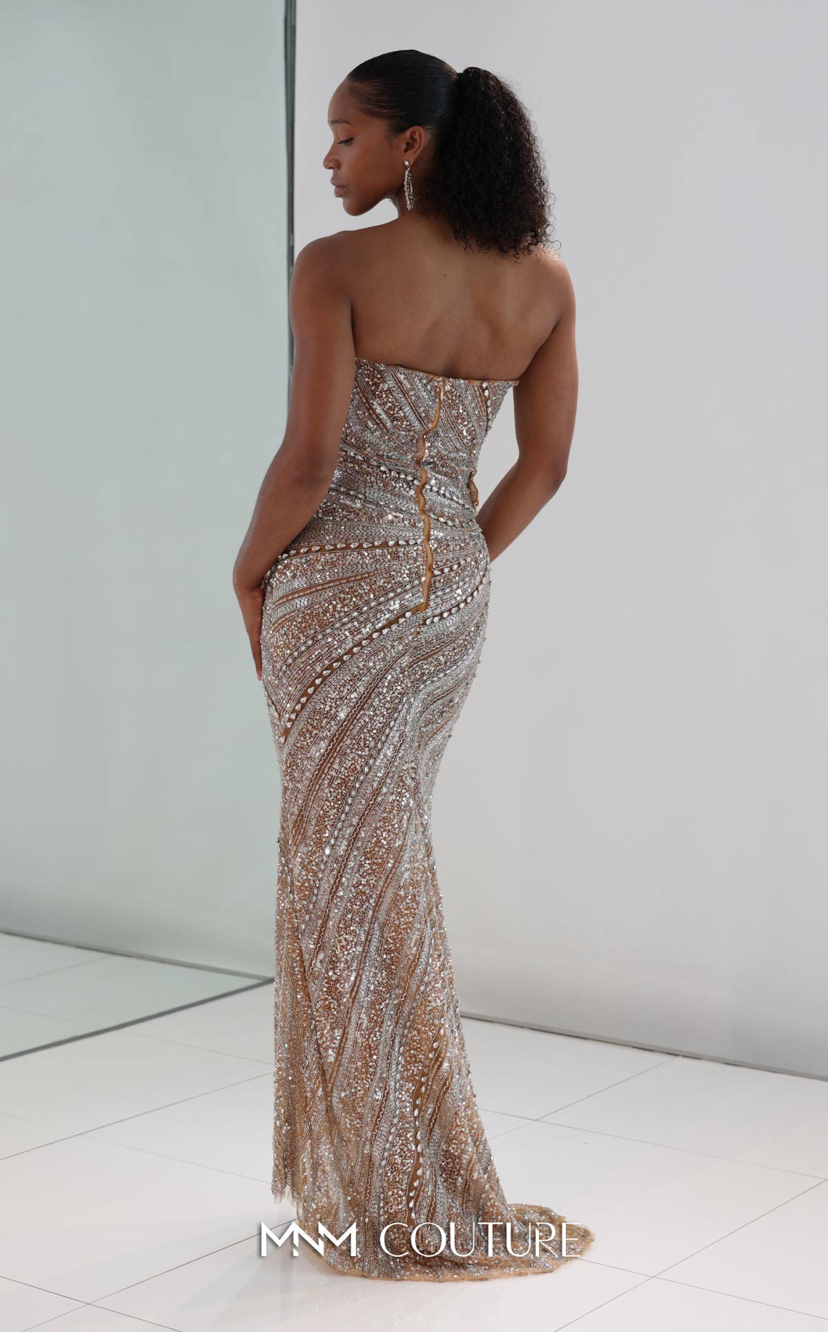 Prom Dresses Long Formal Beaded Sequin Fitted Floral Prom Dress MNM Couture M1186 Beige