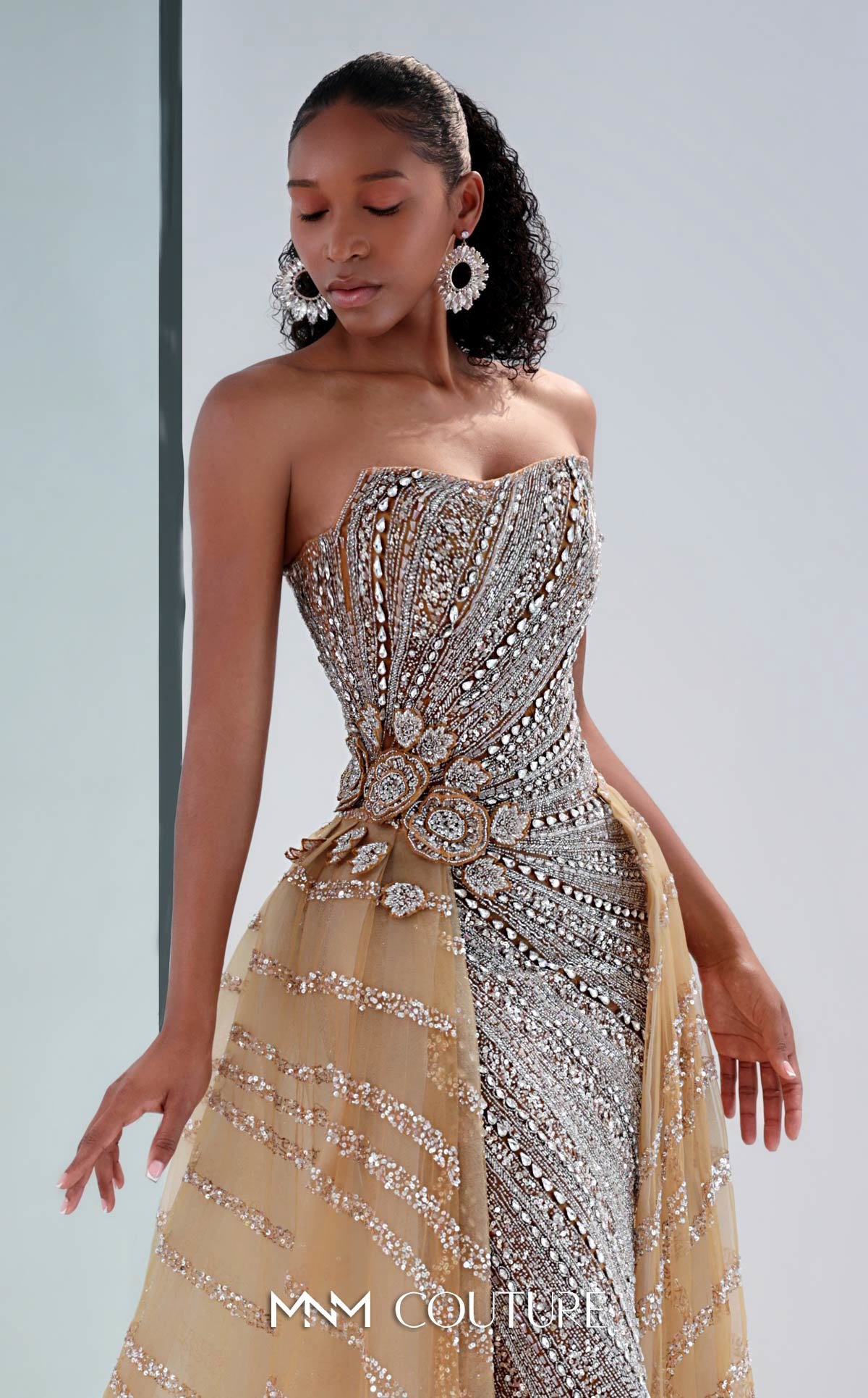 Prom Dresses Long Formal Beaded Sequin Fitted Floral Prom Dress MNM Couture M1186 Beige