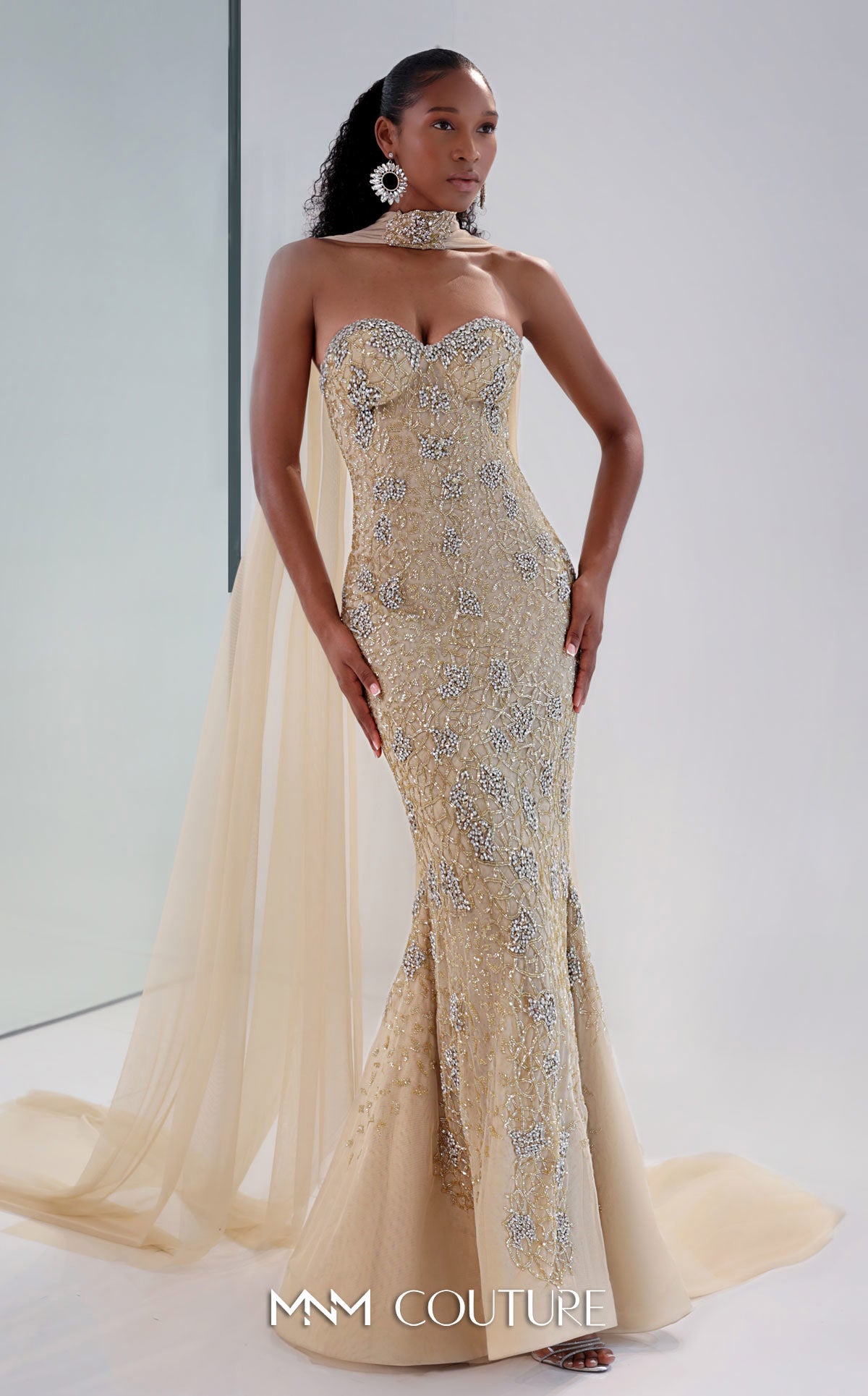 Strapless Mermaid Beaded Gown by MNM Couture M1188 in Beige