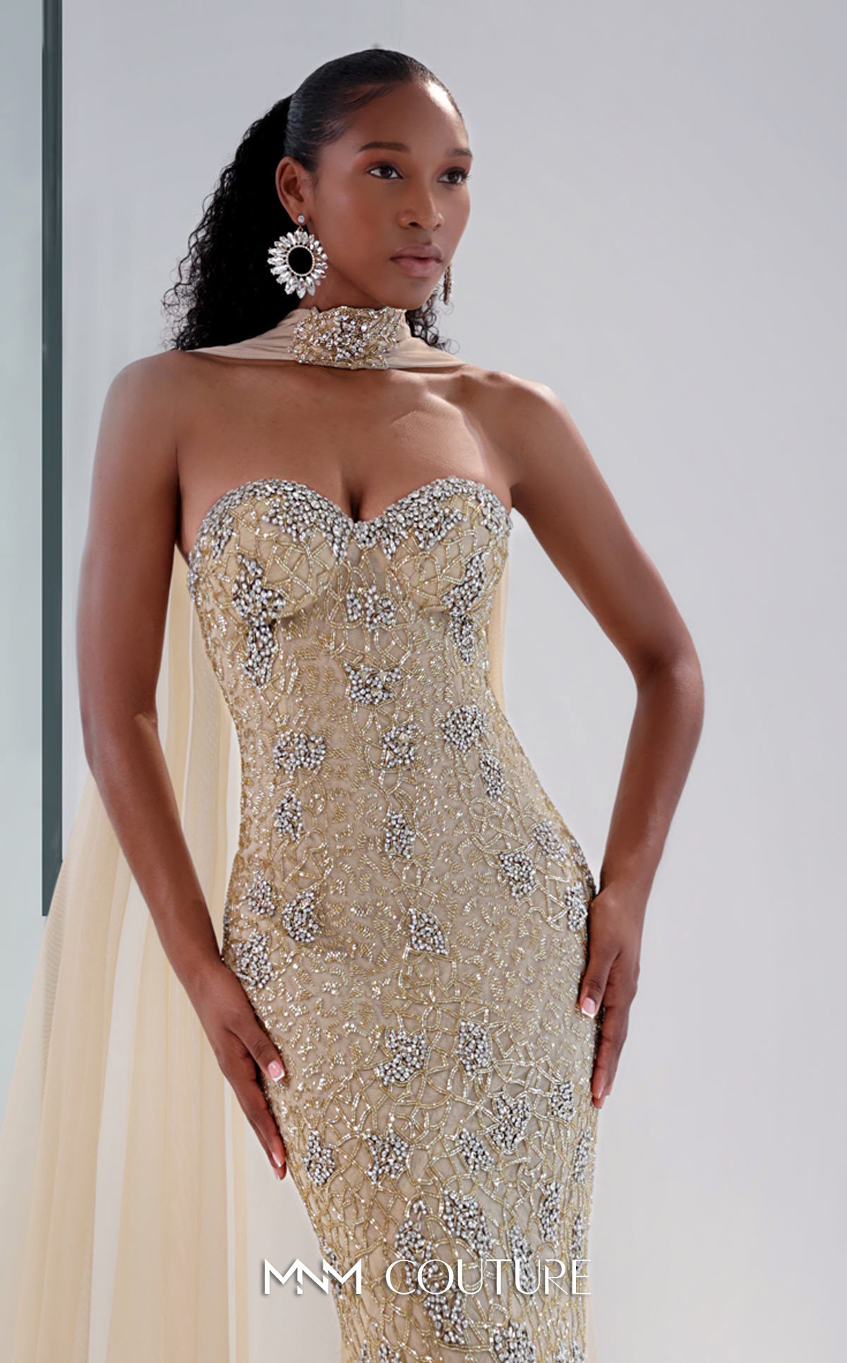 Strapless Mermaid Beaded Gown by MNM Couture M1188 in Beige