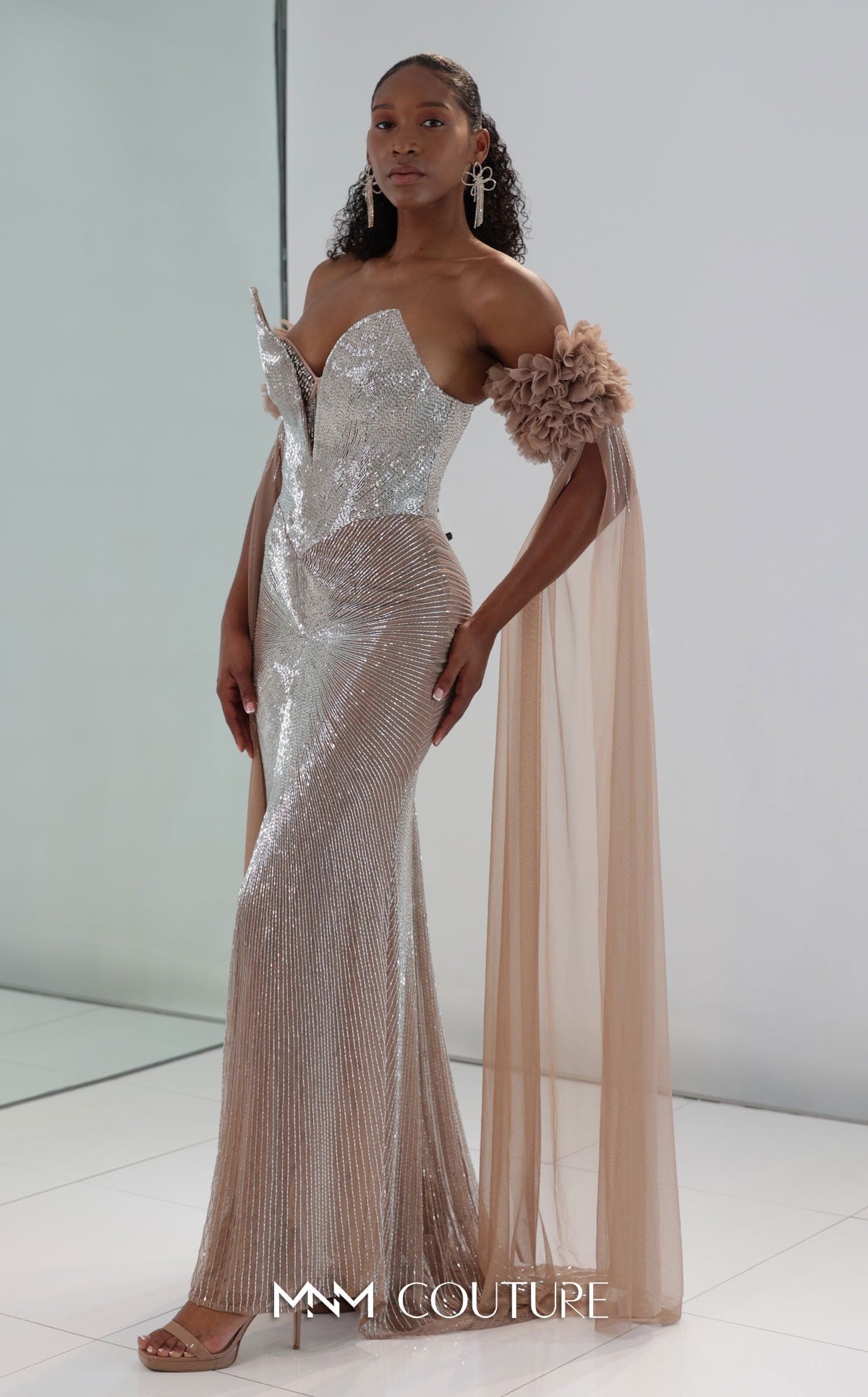 Prom Dresses Long Formal Floral Slit Prom Dress MNM Couture M1190 Silver