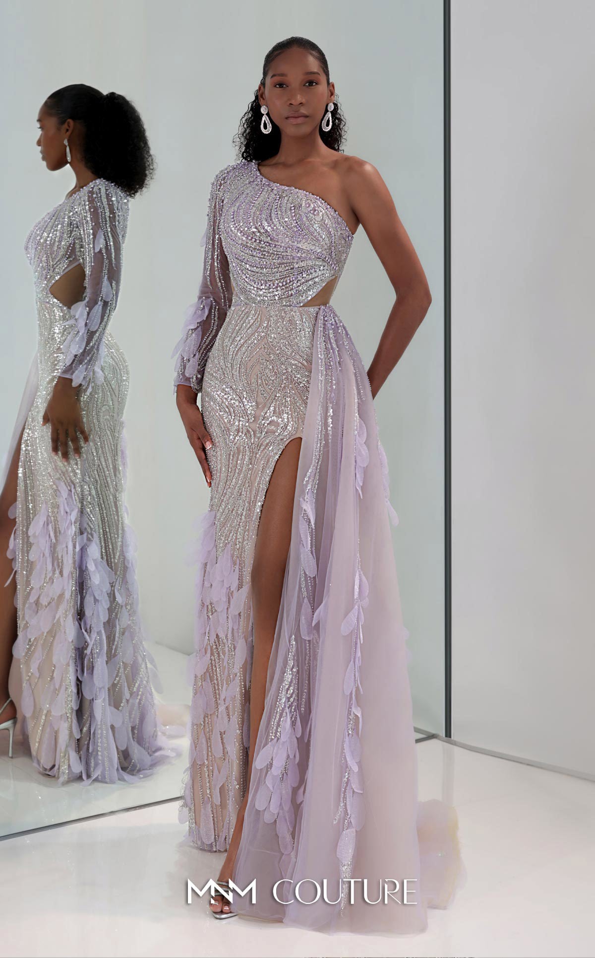One Shoulder Beaded Tulle Gown by MNM Couture M1310 in Lilac