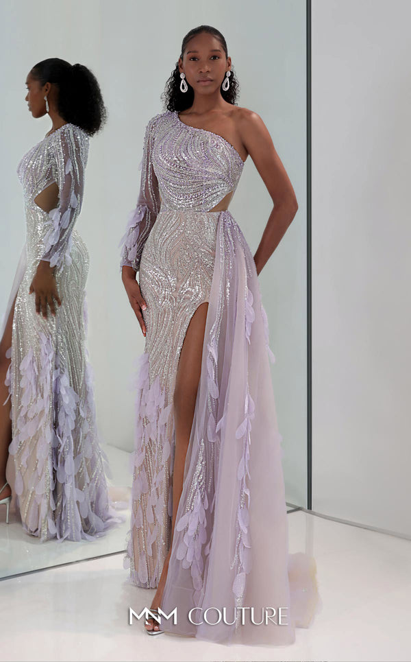 One Shoulder Beaded Tulle Gown by MNM Couture M1310