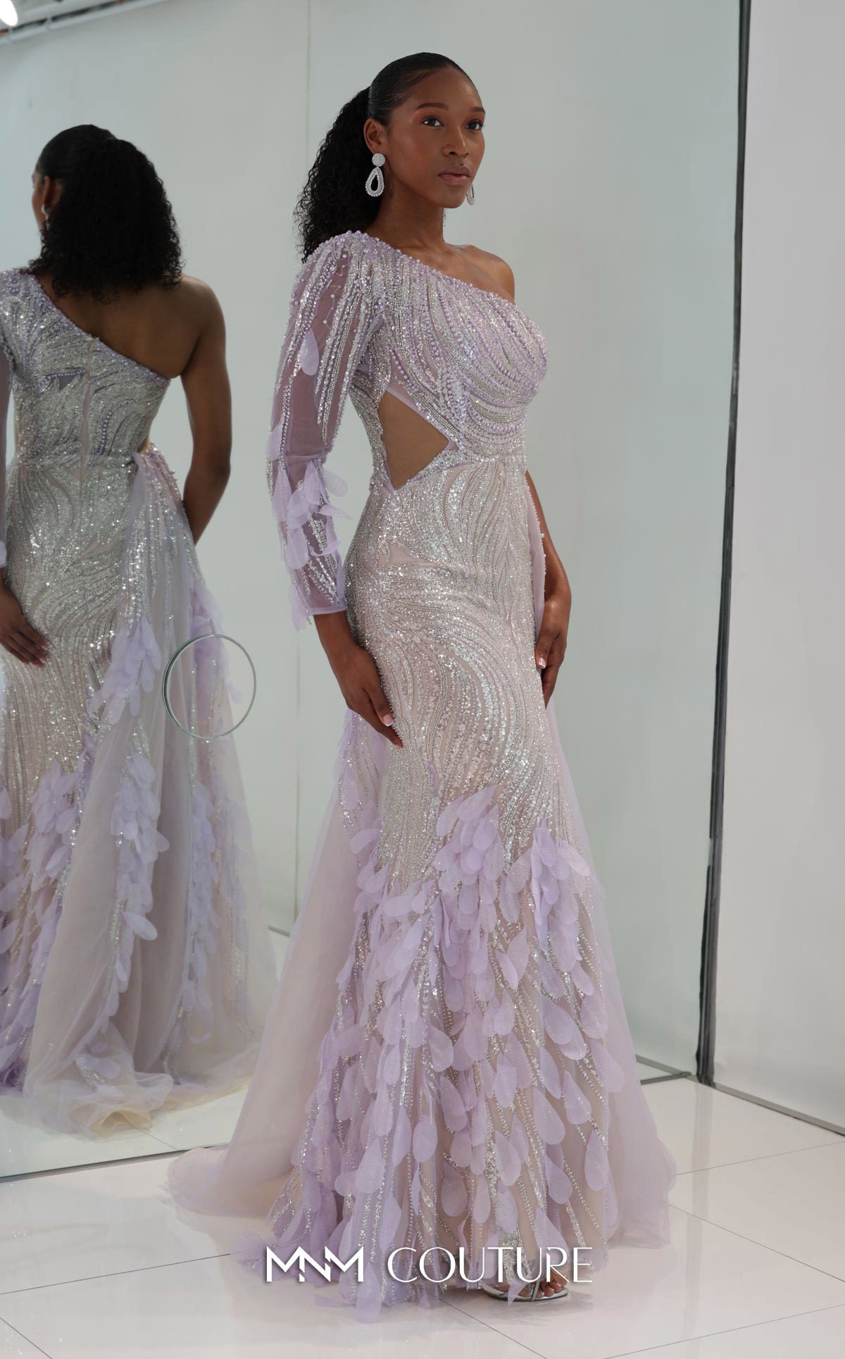 One Shoulder Beaded Tulle Gown by MNM Couture M1310 in Lilac