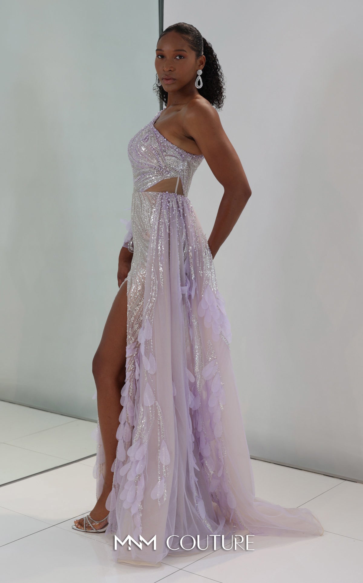 One Shoulder Beaded Tulle Gown by MNM Couture M1310 in Lilac