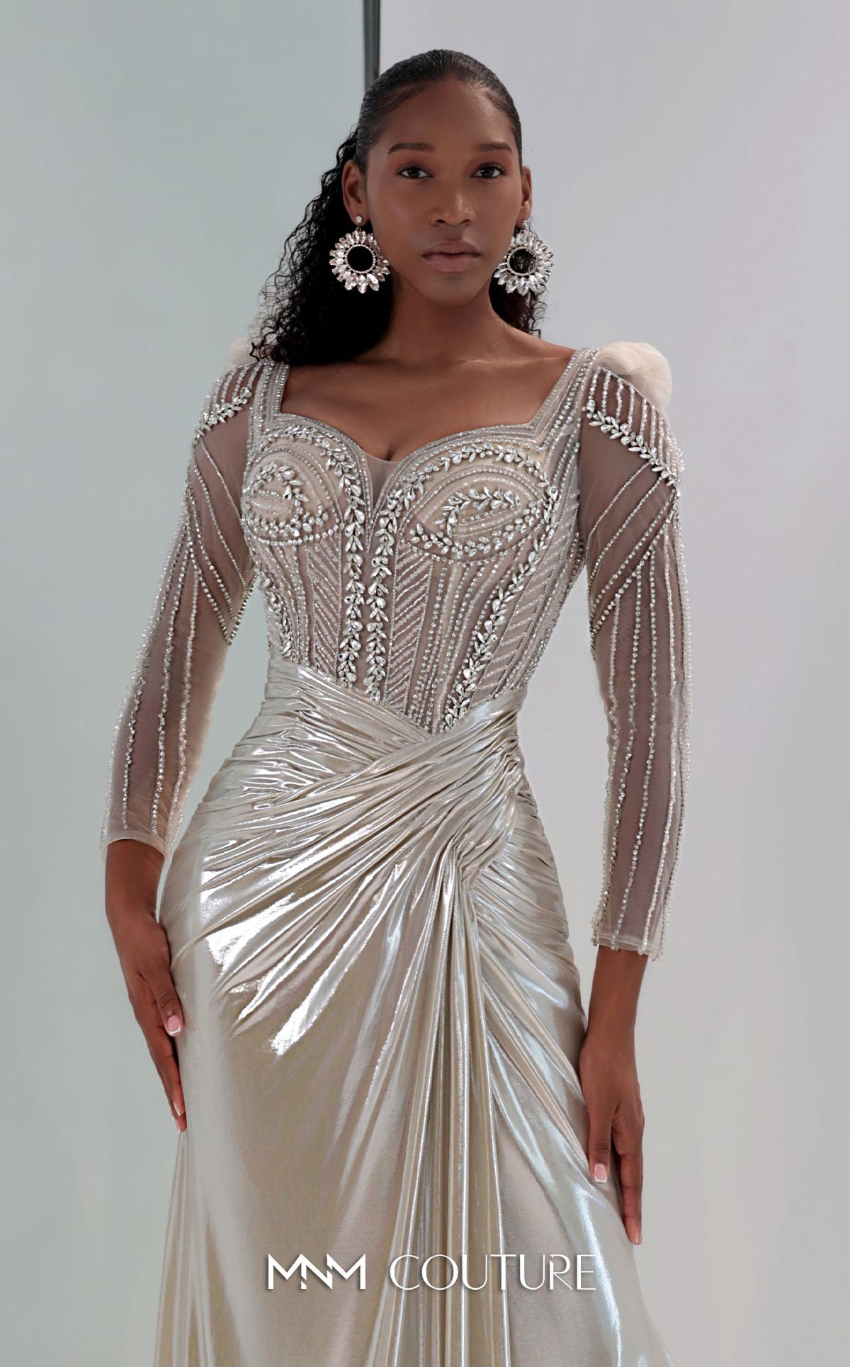Sweetheart Long Metallic Evening Gown by MNM Couture M1312 in Gold