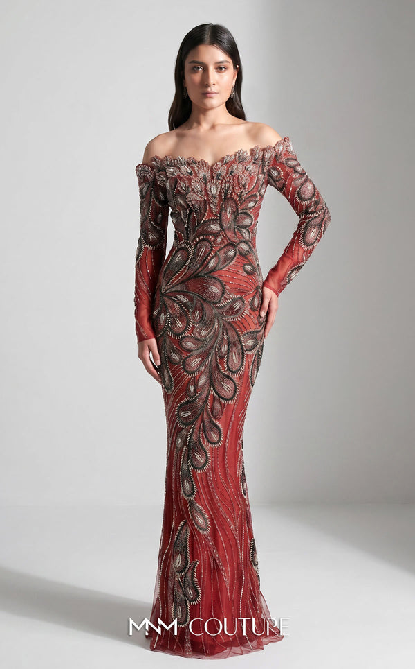 Off-the-Shoulder Floor-Length Beaded Formal Dress Mermaid Gown MNM Couture M1316