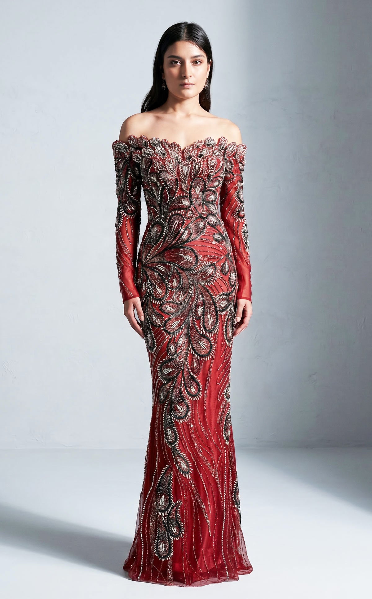 Red Off-the-Shoulder Floor-Length Beaded Formal Dress Mermaid Gown MNM Couture M1316