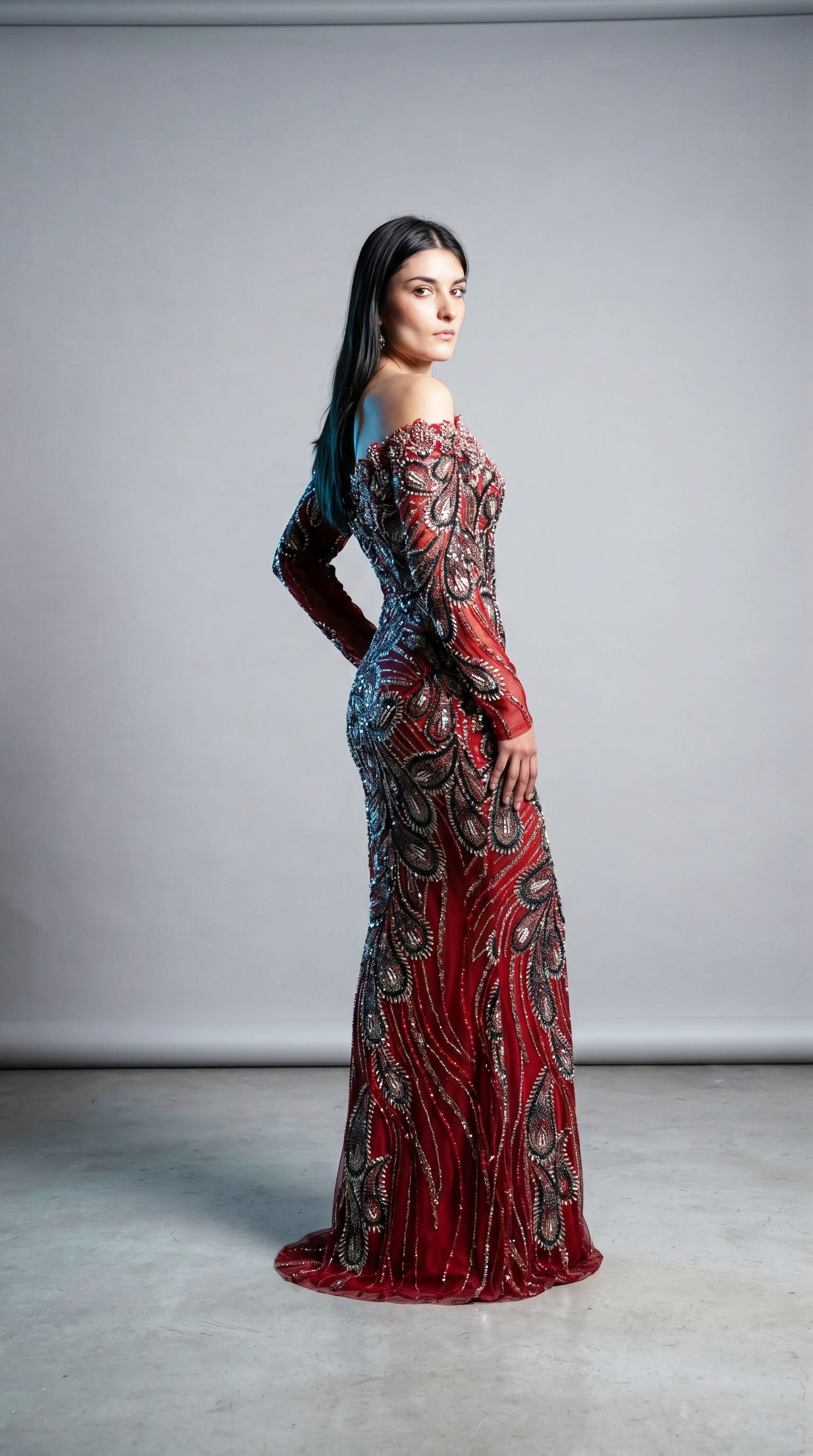 Red Off-the-Shoulder Floor-Length Beaded Formal Dress Mermaid Gown MNM Couture M1316