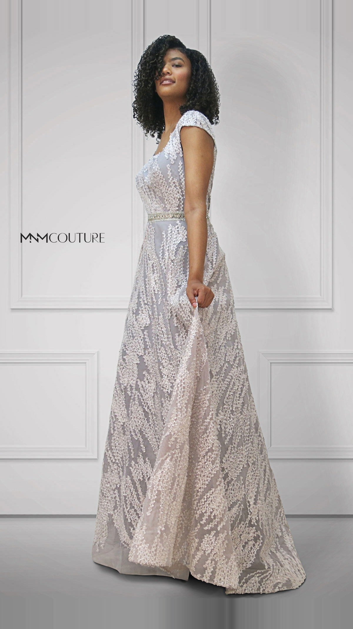 MNM Couture Embroidered Mesh Short-Sleeve A-Line Gown M1809